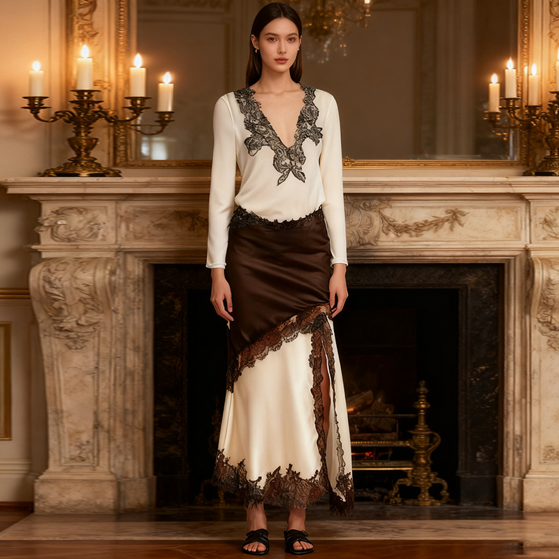 Elegant court style two-piece set 2025 new lace embroidery top with hollowed out slit skirt set for women