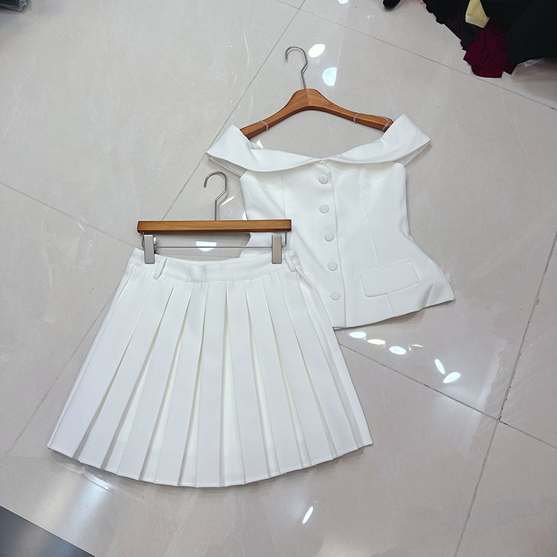 Thirteen line Australian niche lapel one shoulder sleeveless suit jacket+pleated skirt set A2 # 8537 Thirteen line Australian niche lapel one shoulder sleeveless suit jacket+pleated skirt set A2 # 8537