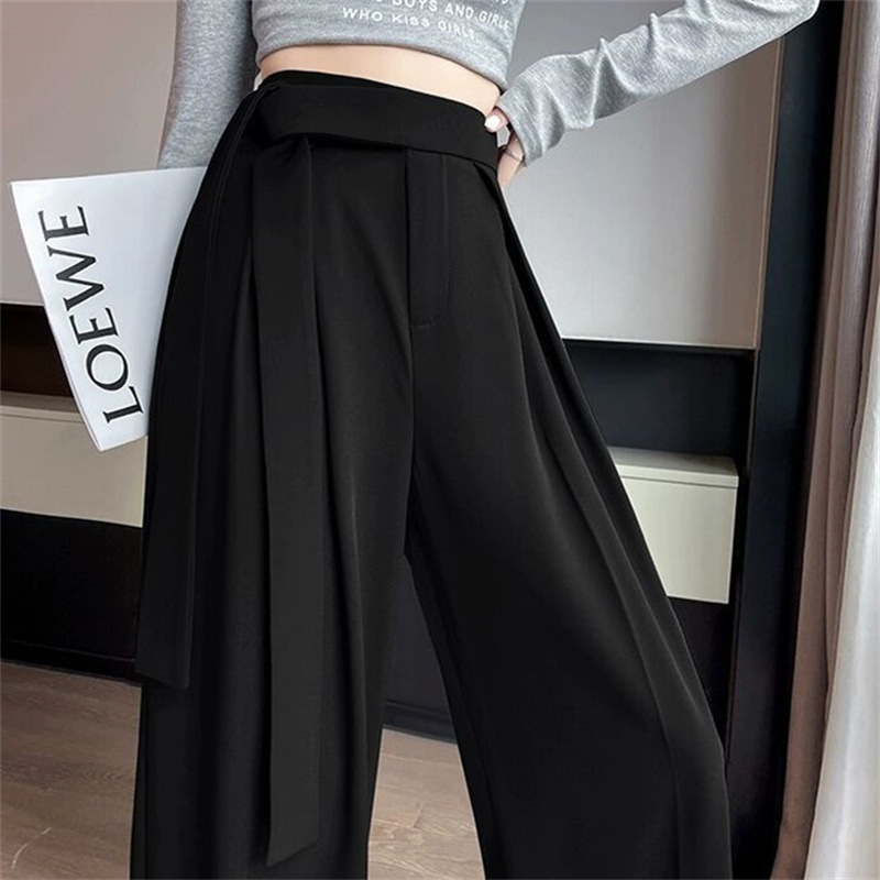Grey high waisted lace up narrow version suit wide leg pants for women in summer, loose and casual, hanging straight leg mop pants Grey high waisted lace up narrow version suit wide leg pants for women in summer, loose and casual, hanging straight leg mop pants