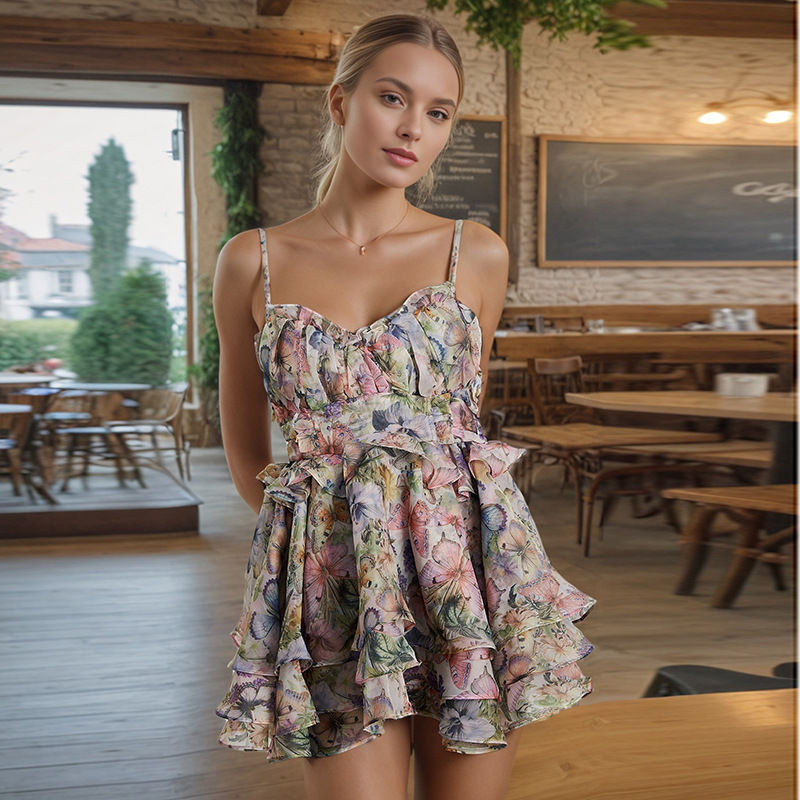 Rural style sexy camisole short skirt 2025 new floral cake hem high waist design sense short dress for women
