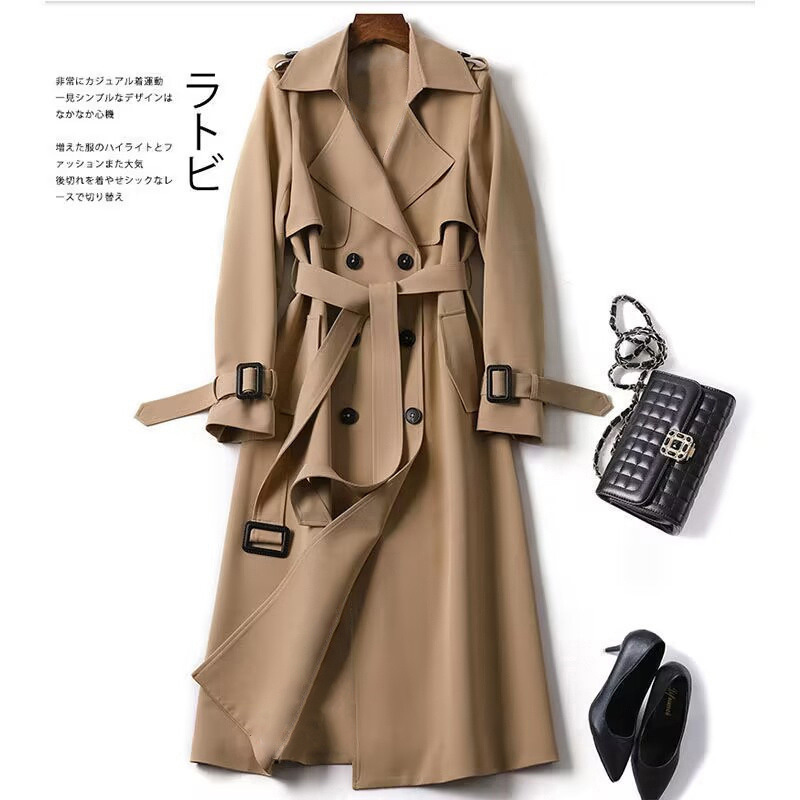 Windbreaker women's long style 2025 Spring and Autumn new Korean version, plus size, small and trendy British style coat, knee length jacket Windbreaker women's long style 2025 Spring and Autumn new Korean version, plus size, small and trendy British style coat, knee length jacket