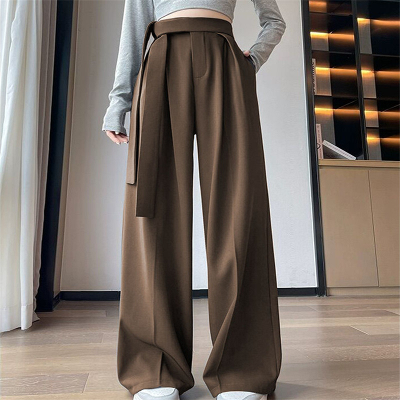 Grey high waisted lace up narrow version suit wide leg pants for women in summer, loose and casual, hanging straight leg mop pants Grey high waisted lace up narrow version suit wide leg pants for women in summer, loose and casual, hanging straight leg mop pants