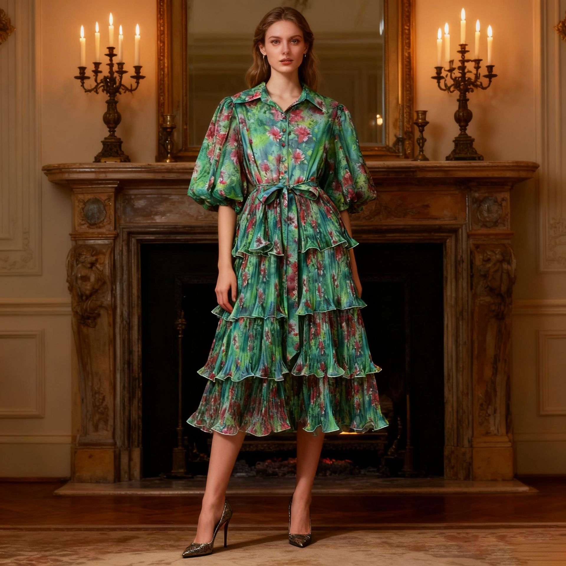 French retro high-end dress 2025 new fashionable lapel print lace up waist cinching layered cake skirt