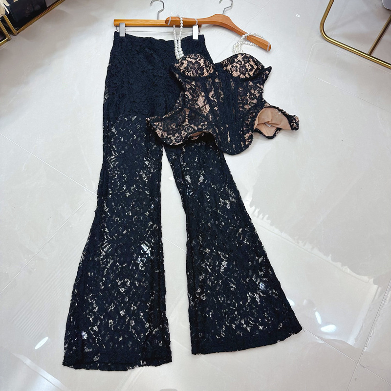 Thirteen line Australian lace embroidered fishbone pearl white camisole vest+straight leg micro flared pants set C1 # 2157 Thirteen line Australian lace embroidered fishbone pearl white camisole vest+straight leg micro flared pants set C1 # 2157