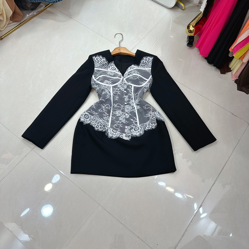 Thirteen Rows Australian niche waist cinched V-neck single breasted lace patchwork fit suit dress short A2 # 8520 Thirteen Rows Australian niche waist cinched V-neck single breasted lace patchwork fit suit dress short A2 # 8520