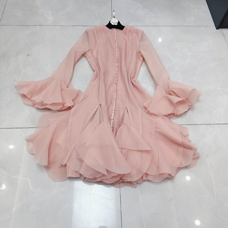 Thirteen line Vietnamese designer extended breasted long sleeved dress with petal fold cutting and gentle style skirt C1 # 1605 Thirteen line Vietnamese designer extended breasted long sleeved dress with petal fold cutting and gentle style skirt C1 # 1605