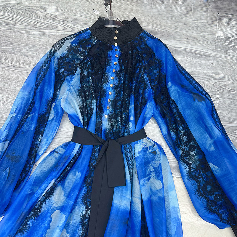 Thirteen line Australian niche high-end lantern sleeves, waist cinching, French tie dye long dress, A1 # 8561 Thirteen line Australian niche high-end lantern sleeves, waist cinching, French tie dye long dress, A1 # 8561