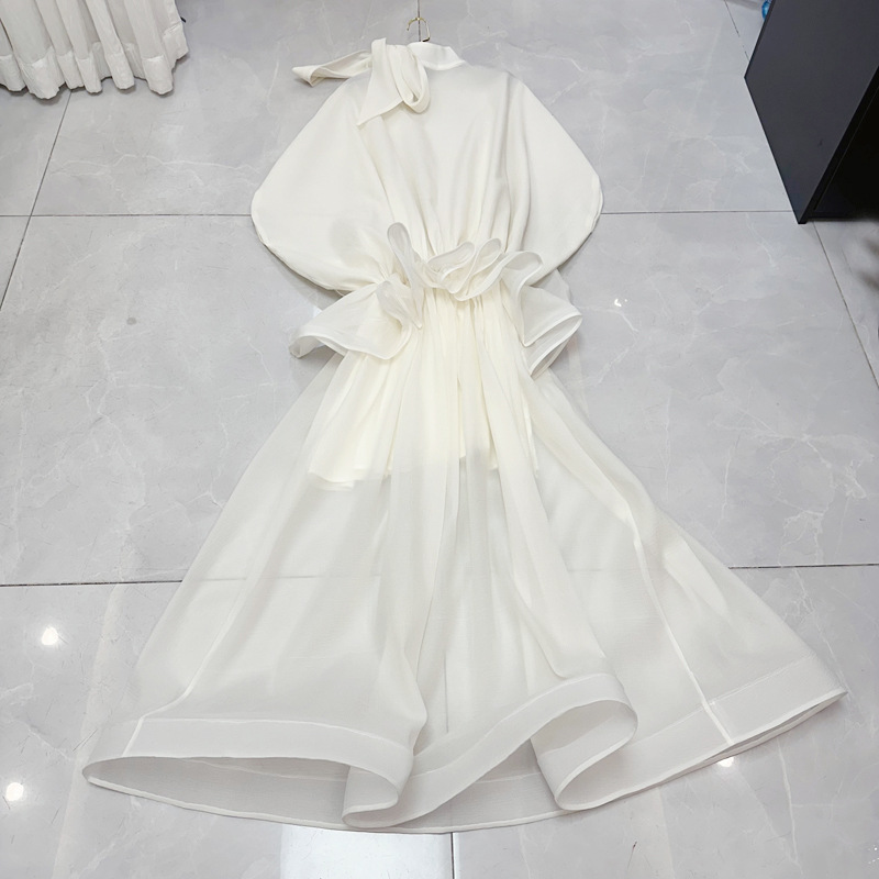 Thirteen line Vietnamese niche designer bow stand up collar big skirt ruffle edge dress long skirt C1 # 1857