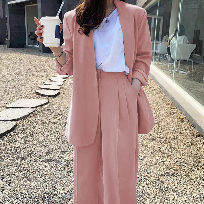 Wide leg pants suit set for women 2025 Spring and Autumn Korean edition fashion temperament British style casual street bombing professional small suit Wide leg pants suit set for women 2025 Spring and Autumn Korean edition fashion temperament British style casual street bombing professional small suit