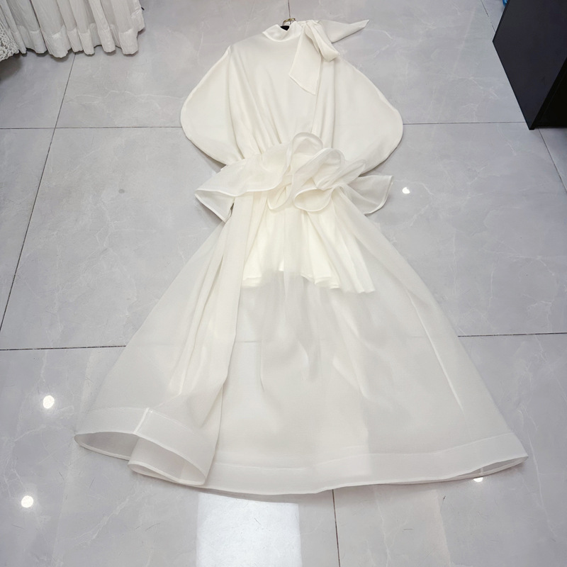 Thirteen line Vietnamese niche designer bow stand up collar big skirt ruffle edge dress long skirt C1 # 1857 Thirteen line Vietnamese niche designer bow stand up collar big skirt ruffle edge dress long skirt C1 # 1857