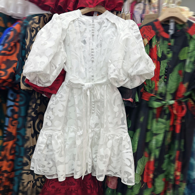 Thirteen line Thai niche loose bubble sleeve single breasted plush lace up bubble sleeve dress A3 # 8970 Thirteen line Thai niche loose bubble sleeve single breasted plush lace up bubble sleeve dress A3 # 8970