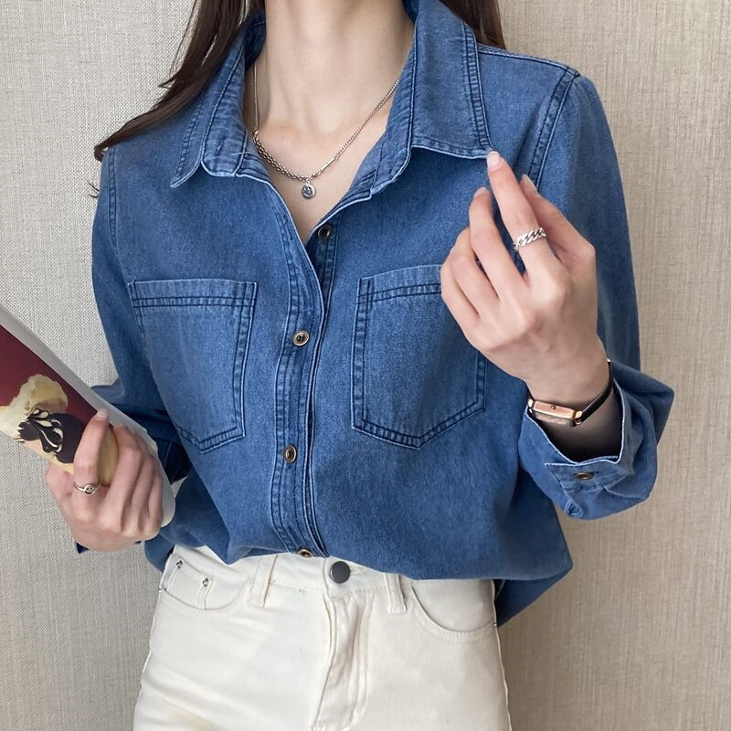 Retro Hong Kong style blue shirt denim shirt for women, petite, Spring and Autumn 2025 new design, niche jacket for women Retro Hong Kong style blue shirt denim shirt for women, petite, Spring and Autumn 2025 new design, niche jacket for women