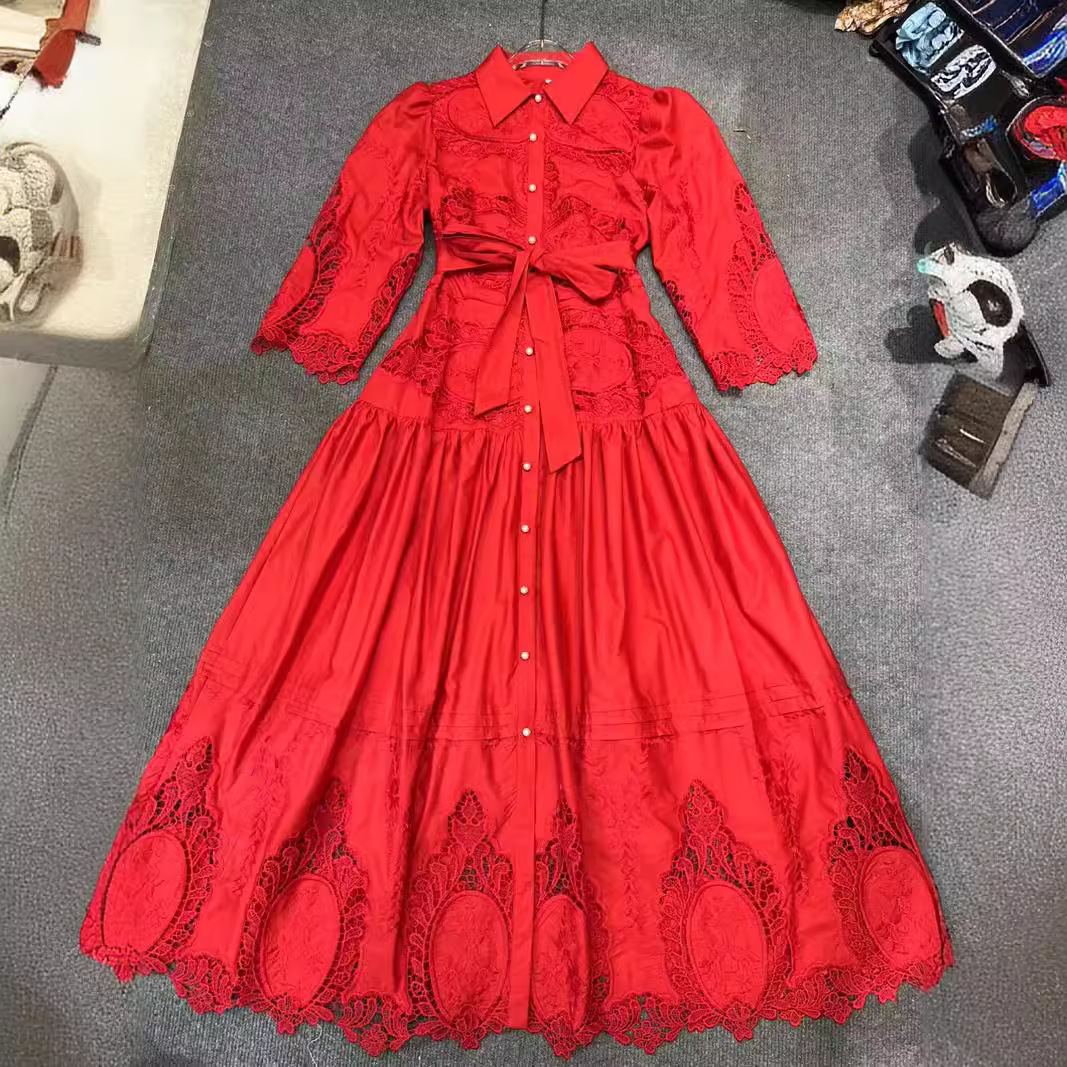 Thirteen line European Collar Bubble Sleeves Strap Waist Splicing Water soluble Flower Lace Dress Long Skirt A3 # 8138 Thirteen line European Collar Bubble Sleeves Strap Waist Splicing Water soluble Flower Lace Dress Long Skirt A3 # 8138