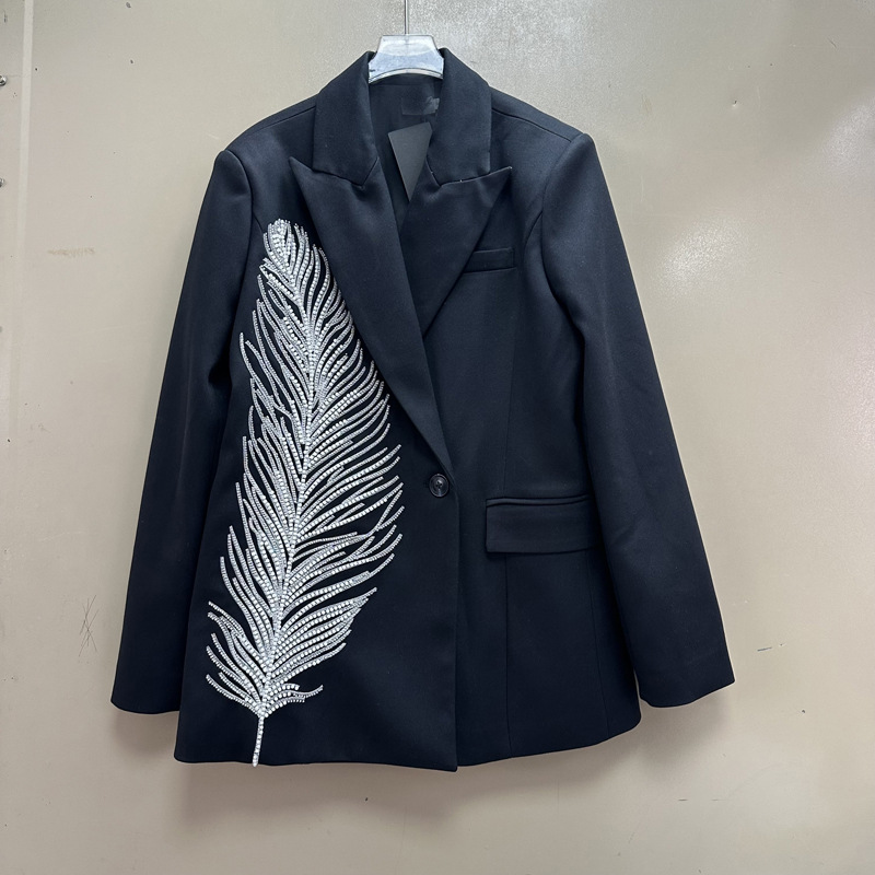 Thirteen elements European temperament medium long suit jacket versatile heavy industry nail bead exquisite feather nail diamond A3 # 8999 Thirteen elements European temperament medium long suit jacket versatile heavy industry nail bead exquisite feather nail diamond A3 # 8999