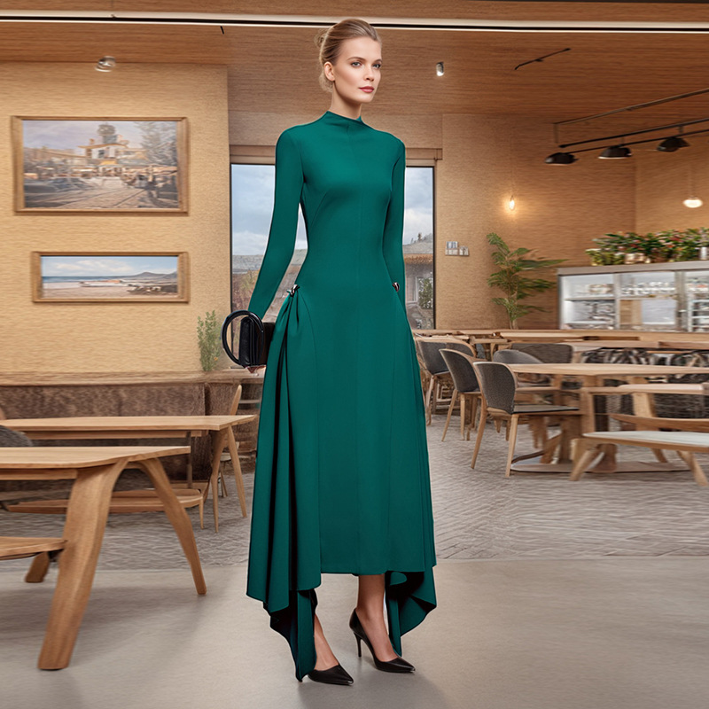 European and American cross-border elegant style slanted neck long skirt 2025 new irregular pleated design long dress for women