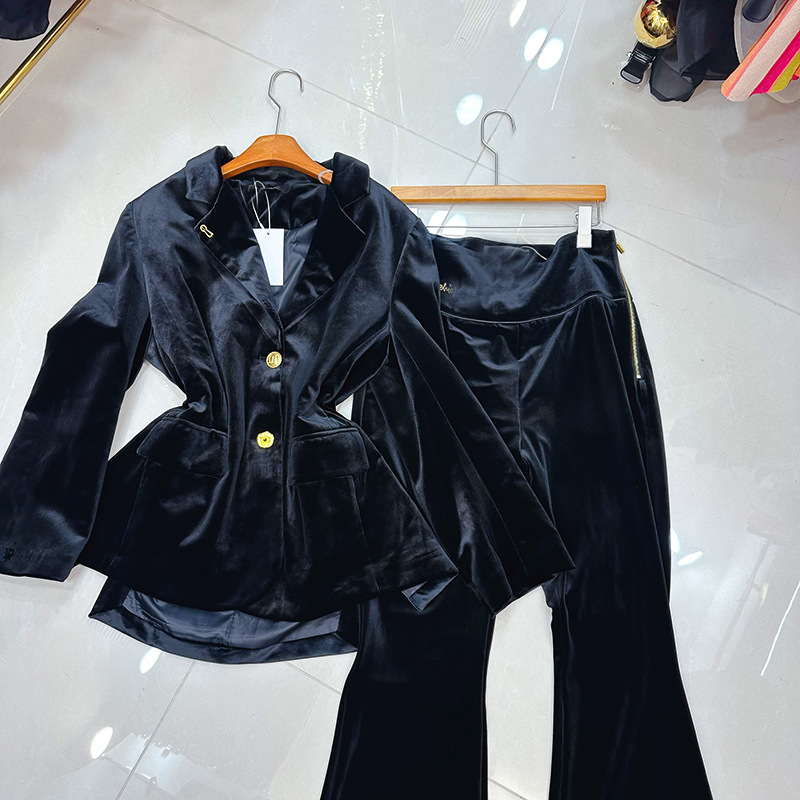 Thirteen line Australian niche velvet long sleeved lapel two button suit+high waist wide leg pants set A1 # 1052 Thirteen line Australian niche velvet long sleeved lapel two button suit+high waist wide leg pants set A1 # 1052