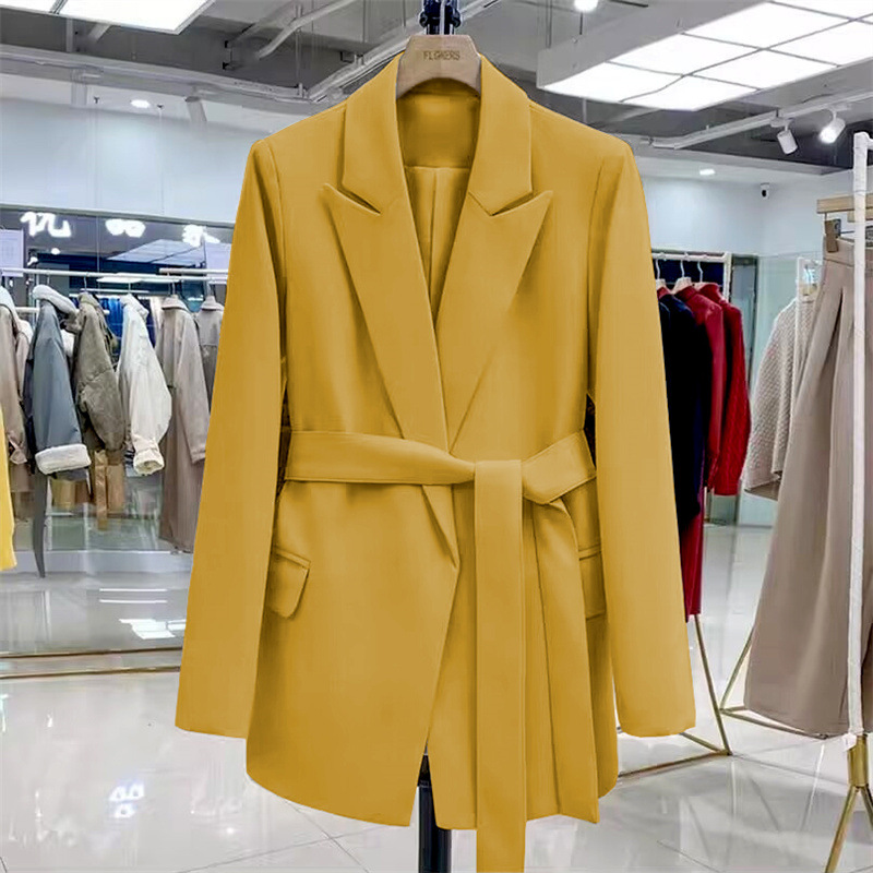 Orange 2025 new Korean version lace up design with a sense of temperament, slim fit and casual mid to long length small suit jacket, top for women Orange 2025 new Korean version lace up design with a sense of temperament, slim fit and casual mid to long length small suit jacket, top for women