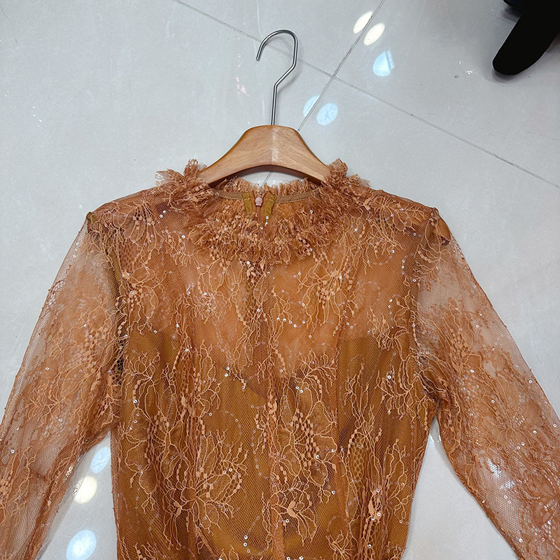 Thirteen line niche light luxury Thai design sequined lace flared cuffs long sleeved dress hollowed out A2 # 8535 Thirteen line niche light luxury Thai design sequined lace flared cuffs long sleeved dress hollowed out A2 # 8535