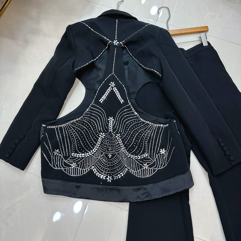 Thirteen Rows Australian niche design heavy industry hot stamping hollow waist suit+trumpet pants dance set A2 # 8389 Thirteen Rows Australian niche design heavy industry hot stamping hollow waist suit+trumpet pants dance set A2 # 8389