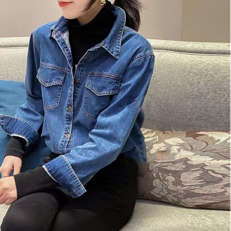 Cowboy shirt women's long sleeved college style 2025 spring and autumn new item slim fit versatile Korean style denim shirt women's base shirt Cowboy shirt women's long sleeved college style 2025 spring and autumn new item slim fit versatile Korean style denim shirt women's base shirt