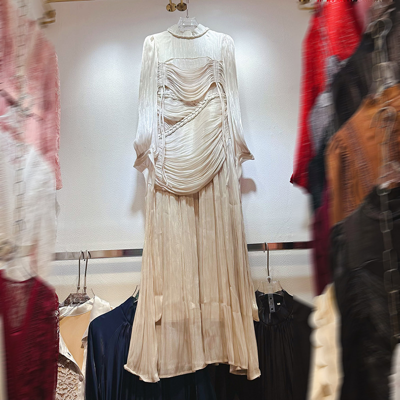 Thirteen line Australian minority knitting Fried Dough Twists big hem long skirt stand collar lantern sleeve pleated dress A1 # 1027