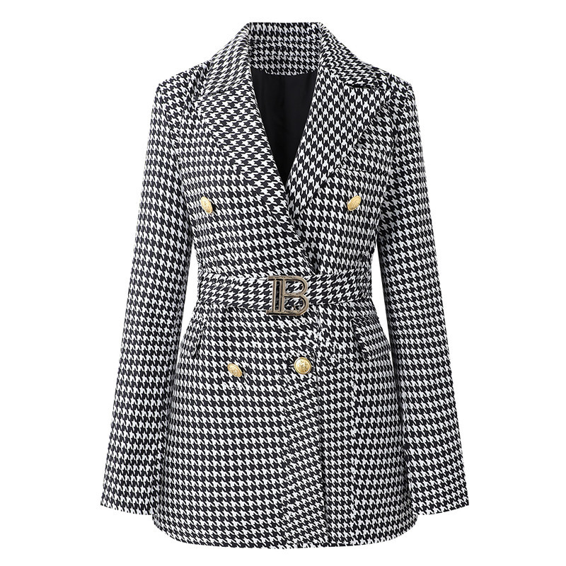 2025 Spring and Autumn New Fashionable Autumn Checkered Korean Edition Belt Long Sleeve Slimming Temperament Commuter Suit Dress for Women