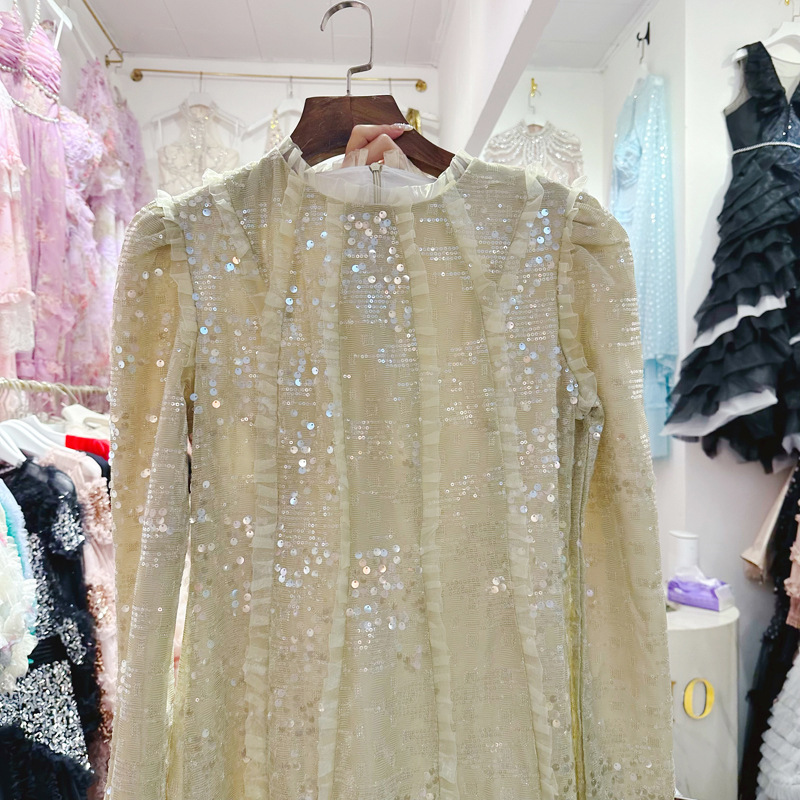 Thirteen line Australian niche light luxury evening dress, high-end heavy industry sequin black fungus edge long sleeved dress A2 # 8306 Thirteen line Australian niche light luxury evening dress, high-end heavy industry sequin black fungus edge long sleeved dress A2 # 8306