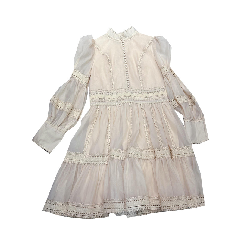 Thirteen line French elegant large swing skirt new standing collar lantern sleeves lace patchwork short skirt dress A2 # 8132 Thirteen line French elegant large swing skirt new standing collar lantern sleeves lace patchwork short skirt dress A2 # 8132