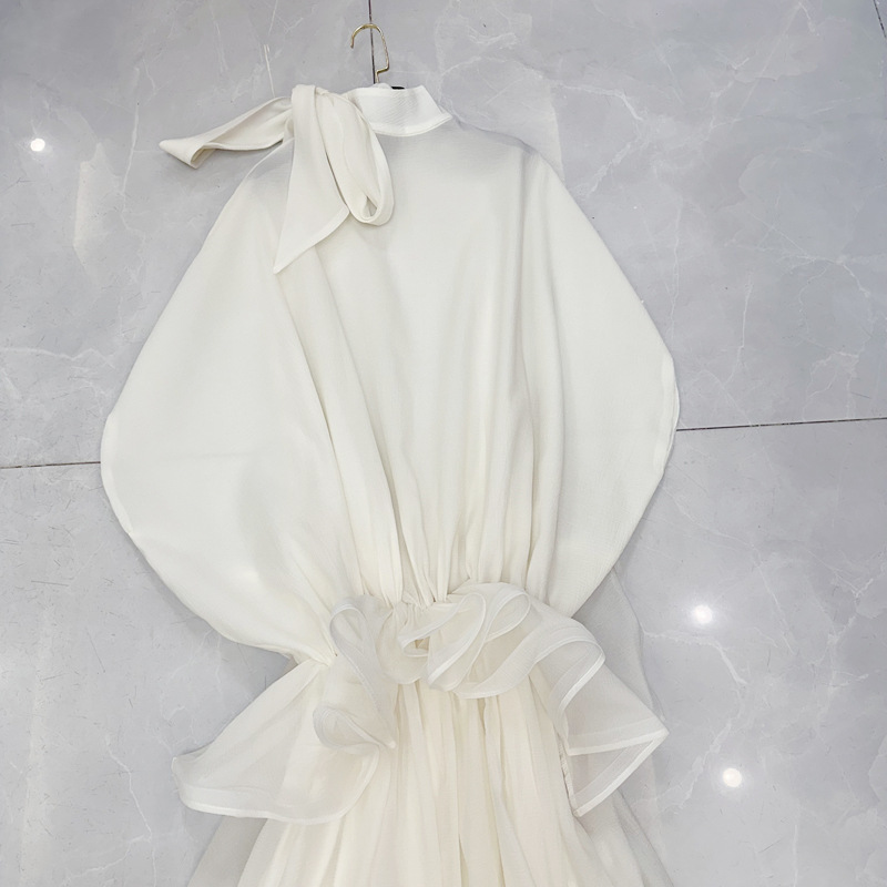 Thirteen line Vietnamese niche designer bow stand up collar big skirt ruffle edge dress long skirt C1 # 1857 Thirteen line Vietnamese niche designer bow stand up collar big skirt ruffle edge dress long skirt C1 # 1857