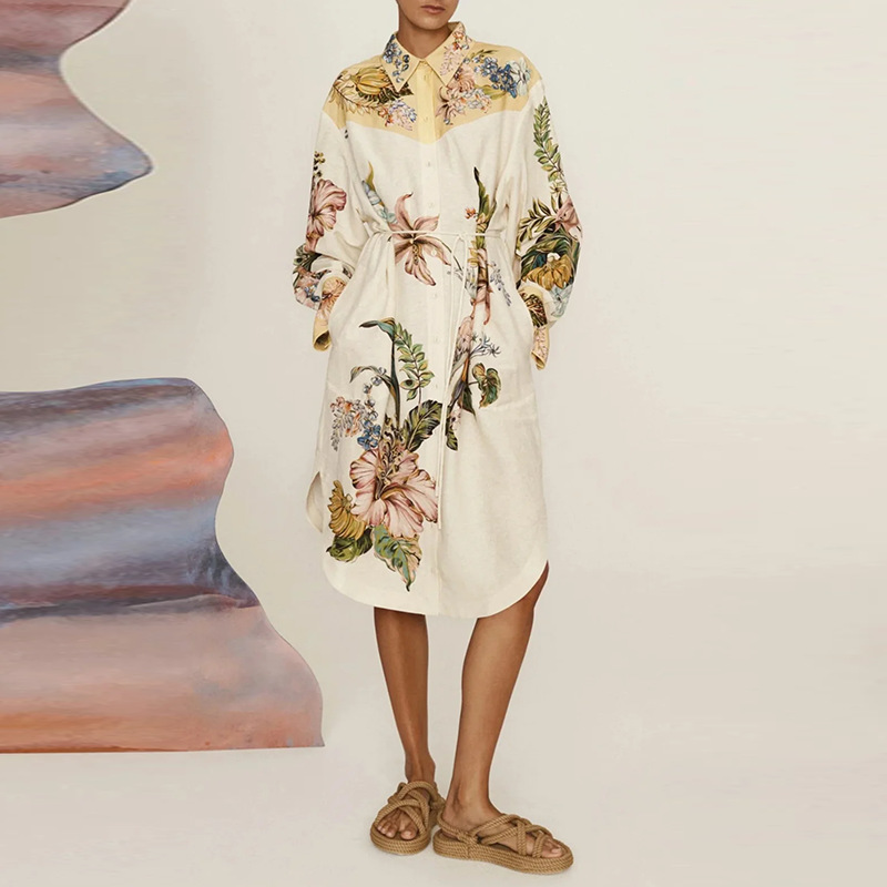 French retro vacation style dress for women's summer 2025 new style fashionable lapel long sleeved temperament printed irregular skirt