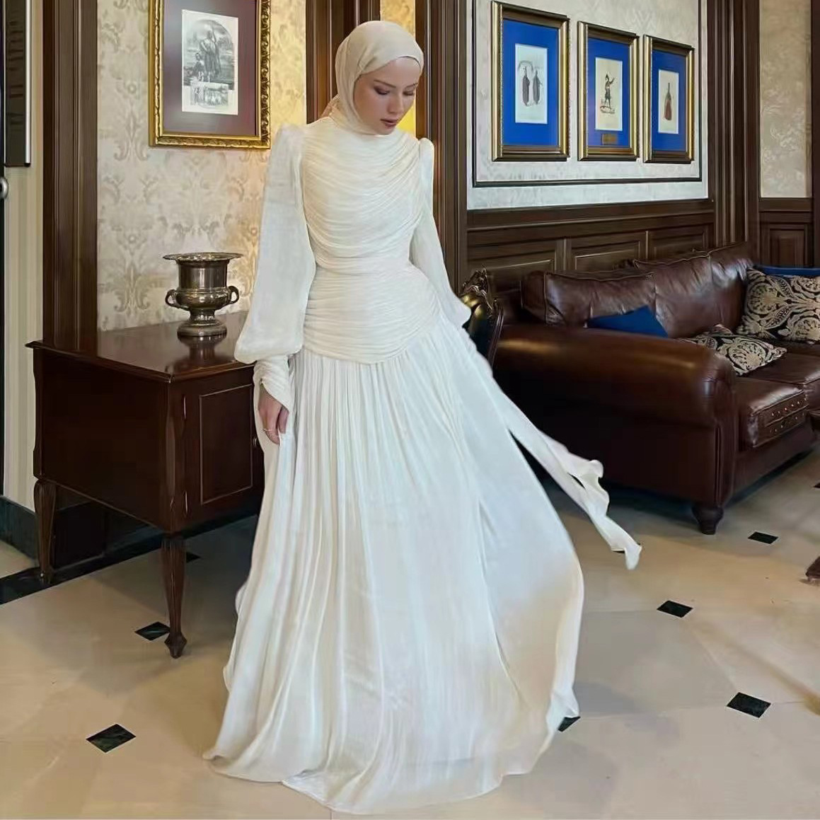 Gentle and Sweet Wind Dress 2025 New High Collar, Solid Color, Folded, High Grade, Irregular Sleeves, Long Skirt