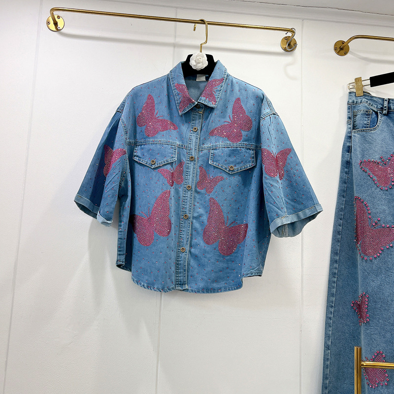 Thirteen Rows Cross border Foreign Trade Heavy Industry Hot Diamond Butterfly Short sleeved Shirt+Jeans Loose Straight leg Pants C1 # 1255 Thirteen Rows Cross border Foreign Trade Heavy Industry Hot Diamond Butterfly Short sleeved Shirt+Jeans Loose Straight leg Pants C1 # 1255