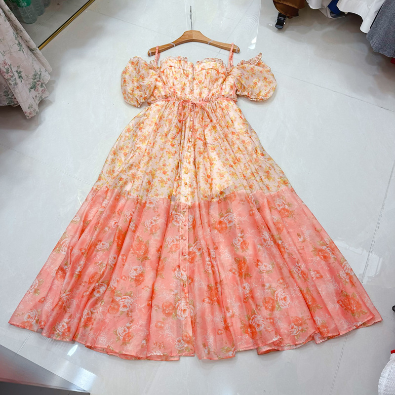 Thirteen Rows European Station French Long Style Simulated Silk Printed Buckle Retro Bubble Sleeve Dress A1 # 8020 Thirteen Rows European Station French Long Style Simulated Silk Printed Buckle Retro Bubble Sleeve Dress A1 # 8020