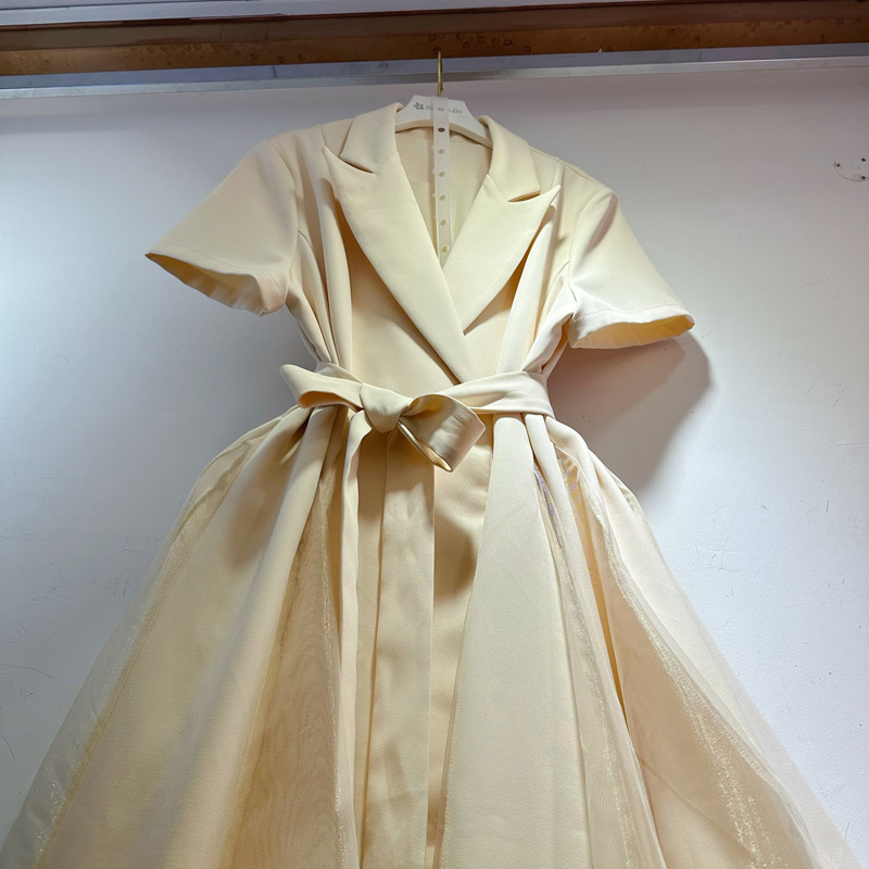 Thirteen Rows Australia's new lapel short sleeved French patchwork organza long dress with belt A2 # 8377 Thirteen Rows Australia's new lapel short sleeved French patchwork organza long dress with belt A2 # 8377