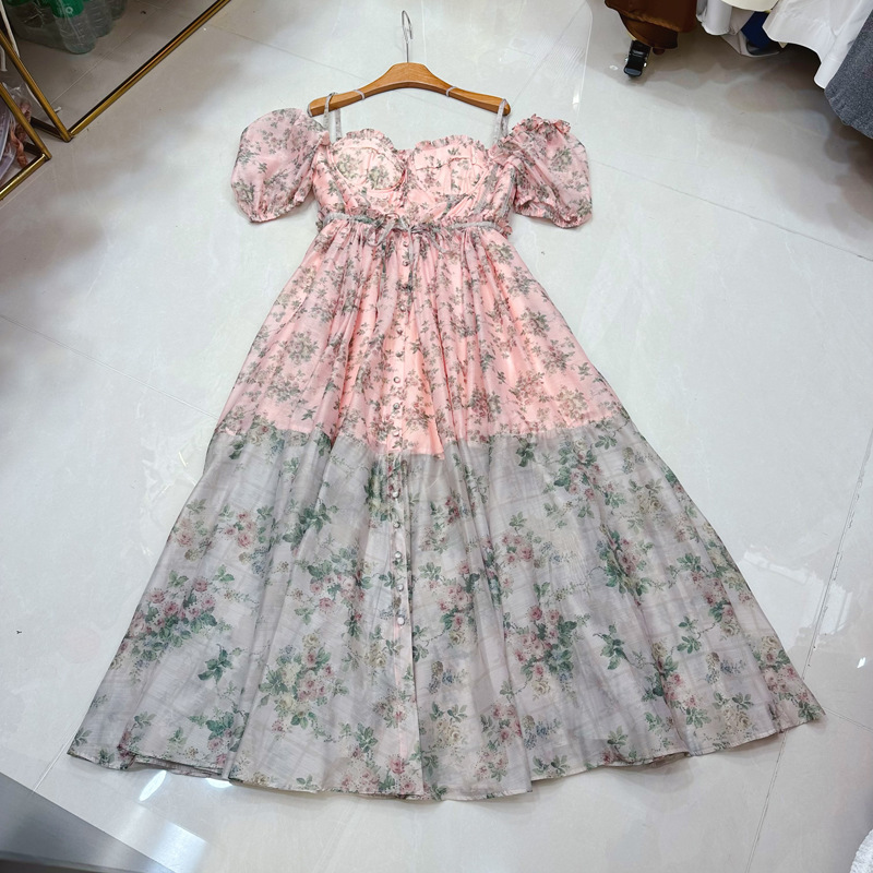 Thirteen Rows European Station French Long Style Simulated Silk Printed Buckle Retro Bubble Sleeve Dress A1 # 8020 Thirteen Rows European Station French Long Style Simulated Silk Printed Buckle Retro Bubble Sleeve Dress A1 # 8020