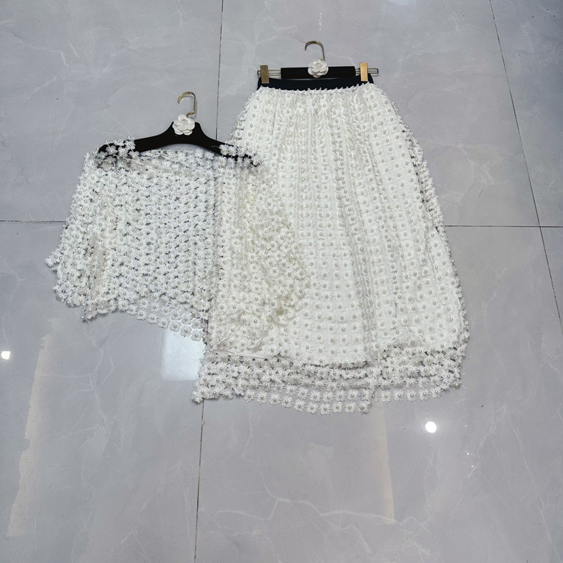 Thirteen line European and American perspective nail bead hollow water-soluble lace top+high waist skirt long skirt set A3 # 2277 Thirteen line European and American perspective nail bead hollow water-soluble lace top+high waist skirt long skirt set A3 # 2277