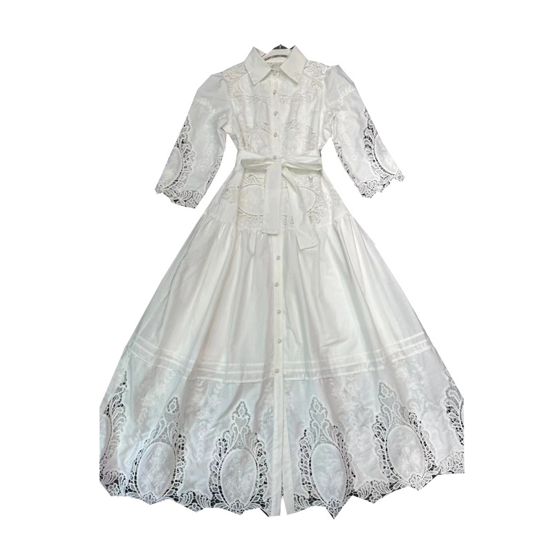 Thirteen line European Collar Bubble Sleeves Strap Waist Splicing Water soluble Flower Lace Dress Long Skirt A3 # 8138 Thirteen line European Collar Bubble Sleeves Strap Waist Splicing Water soluble Flower Lace Dress Long Skirt A3 # 8138