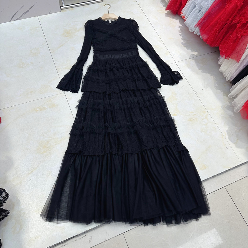 Thirteen line Australian niche dress long sleeved mesh, black fungus trumpet sleeves layered cake dress C1 # 1508 Thirteen line Australian niche dress long sleeved mesh, black fungus trumpet sleeves layered cake dress C1 # 1508