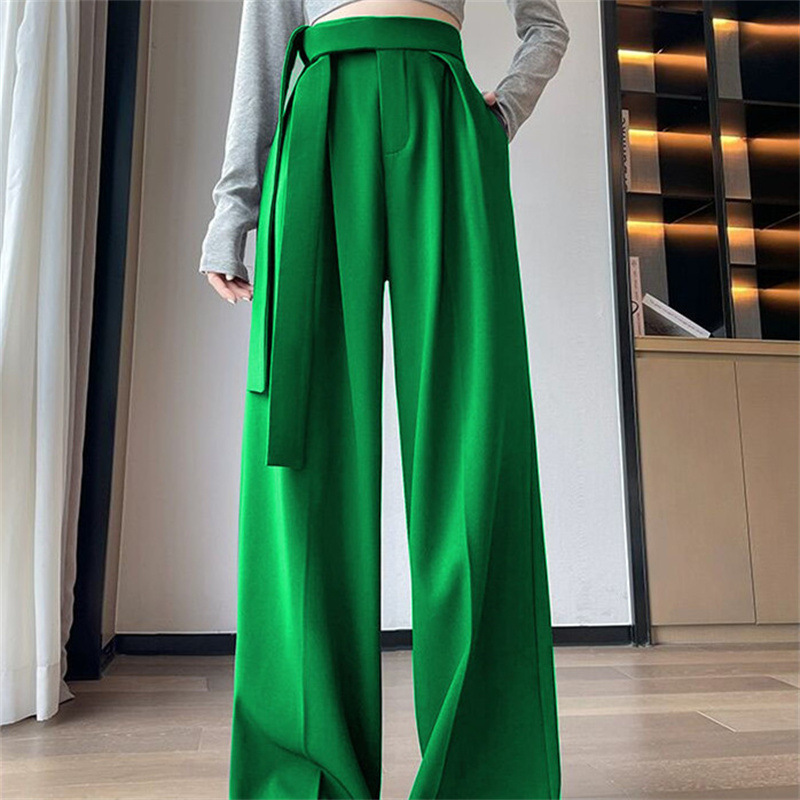 Grey high waisted lace up narrow version suit wide leg pants for women in summer, loose and casual, hanging straight leg mop pants Grey high waisted lace up narrow version suit wide leg pants for women in summer, loose and casual, hanging straight leg mop pants