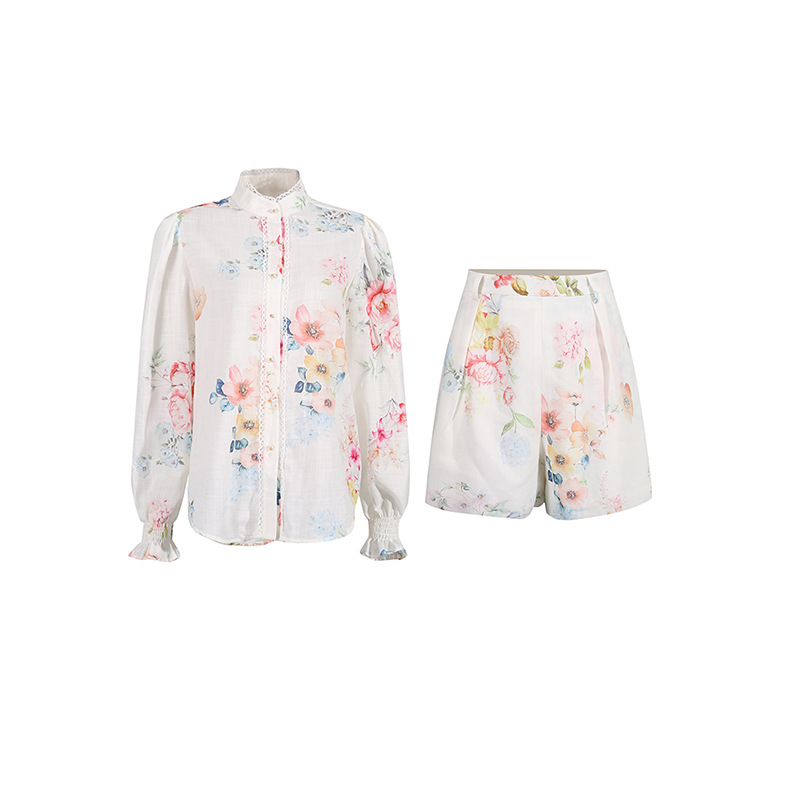 French retro countryside style two-piece set 2025 new single breasted lace shirt+fashionable belt printed shorts French retro countryside style two-piece set 2025 new single breasted lace shirt+fashionable belt printed shorts