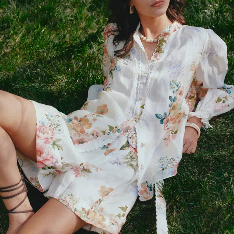 French retro countryside style two-piece set 2025 new single breasted lace shirt+fashionable belt printed shorts French retro countryside style two-piece set 2025 new single breasted lace shirt+fashionable belt printed shorts