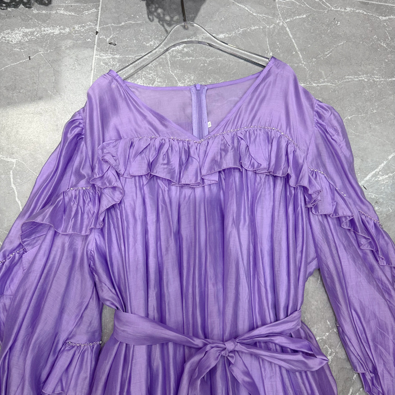 Thirteen line Australian niche V-neck ruffle edge loose mid length dress with oversized hem paired with belt dress C1 # 1916 Thirteen line Australian niche V-neck ruffle edge loose mid length dress with oversized hem paired with belt dress C1 # 1916