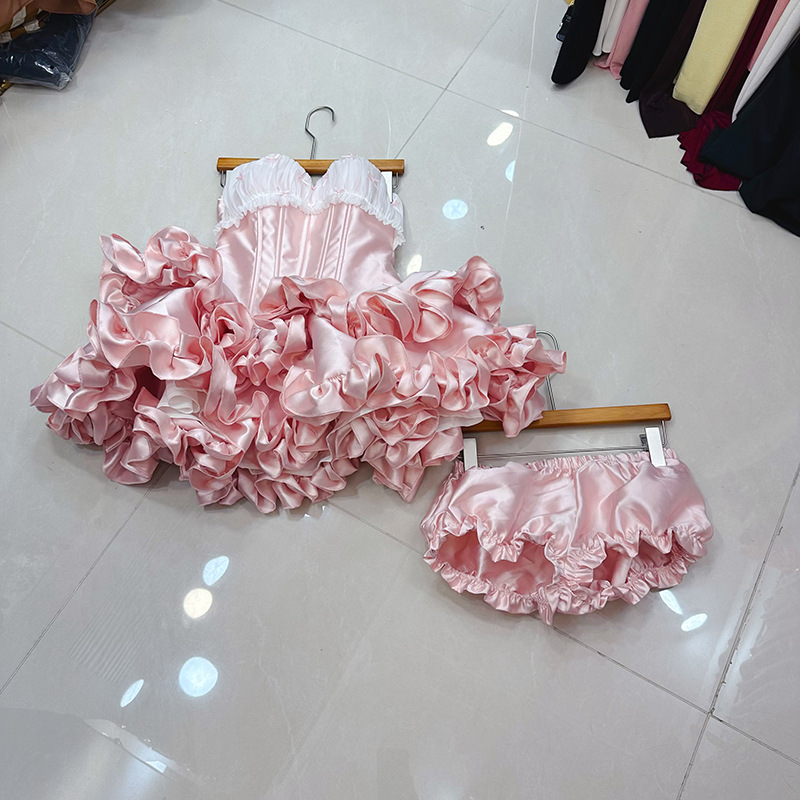 Thirteen line French design butterfly knot pleated splicing fishbone strapless wooden ear dress A2 # 8541