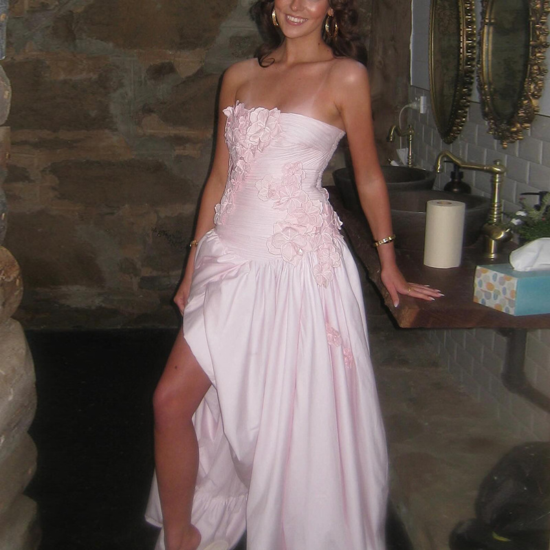 Mingyuan style collage three-dimensional flower design strapless dress long dress 2025 new long slit dress women's summer