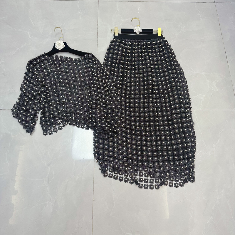 Thirteen line European and American perspective nail bead hollow water-soluble lace top+high waist skirt long skirt set A3 # 2277 Thirteen line European and American perspective nail bead hollow water-soluble lace top+high waist skirt long skirt set A3 # 2277