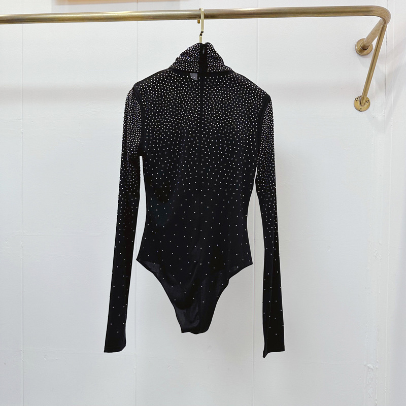 Thirteen line European style full body hot stamping diamond pleated high neck niche slim fit elastic long sleeved hip hugging jumpsuit Q1 # 5781 Thirteen line European style full body hot stamping diamond pleated high neck niche slim fit elastic long sleeved hip hugging jumpsuit Q1 # 5781