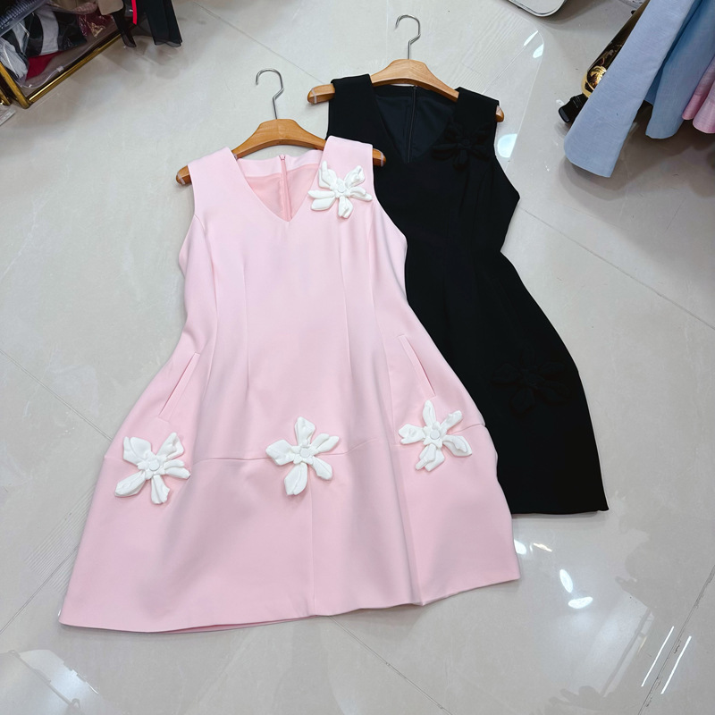 Thirteen Rows Australia Party Show Thin V-neck Handmade Flower Sleeveless Dress Elegant Dress A2 # 8361