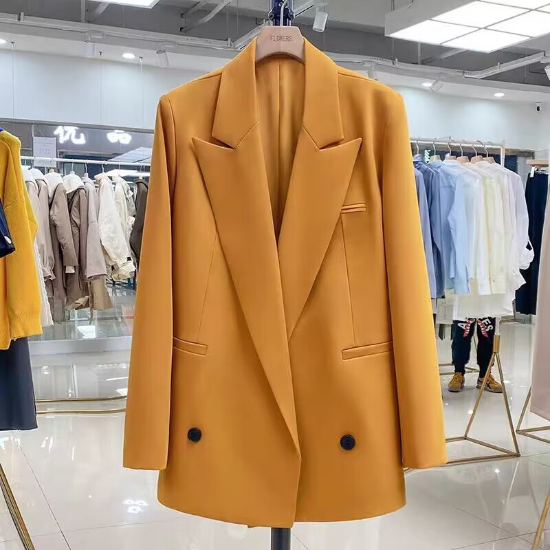 Yellow mini suit jacket for women's Spring and Autumn 2025 new Korean version straight tube casual niche design explosive street trend top Yellow mini suit jacket for women's Spring and Autumn 2025 new Korean version straight tube casual niche design explosive street trend top