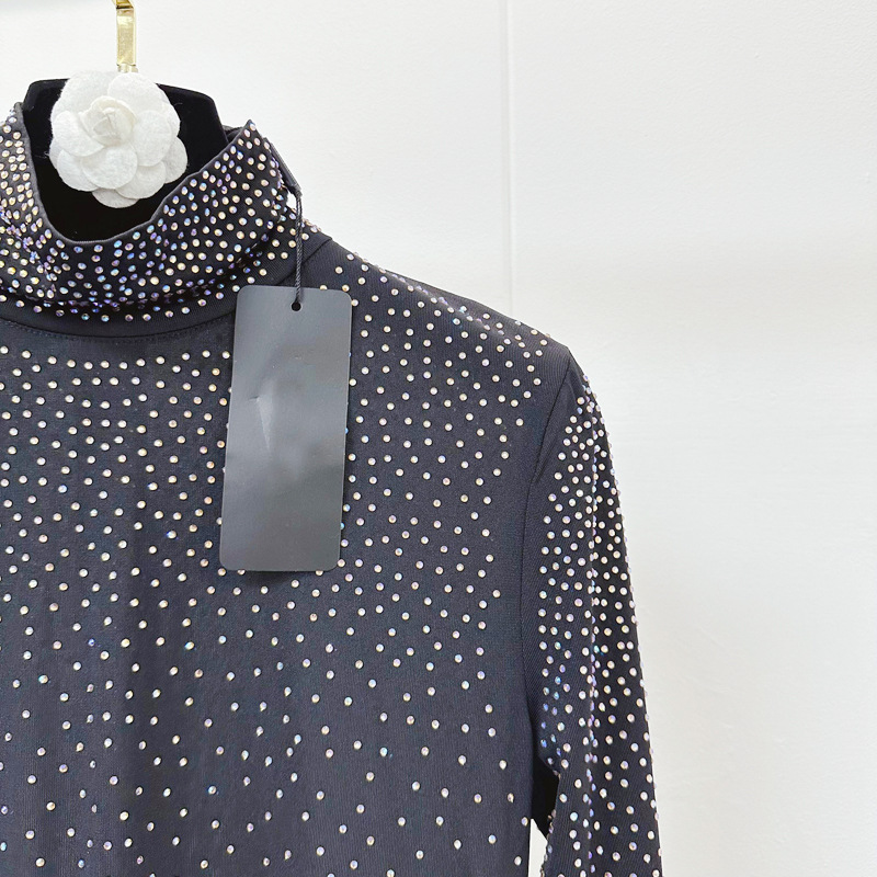 Thirteen line European style full body hot stamping diamond pleated high neck niche slim fit elastic long sleeved hip hugging jumpsuit Q1 # 5781 Thirteen line European style full body hot stamping diamond pleated high neck niche slim fit elastic long sleeved hip hugging jumpsuit Q1 # 5781