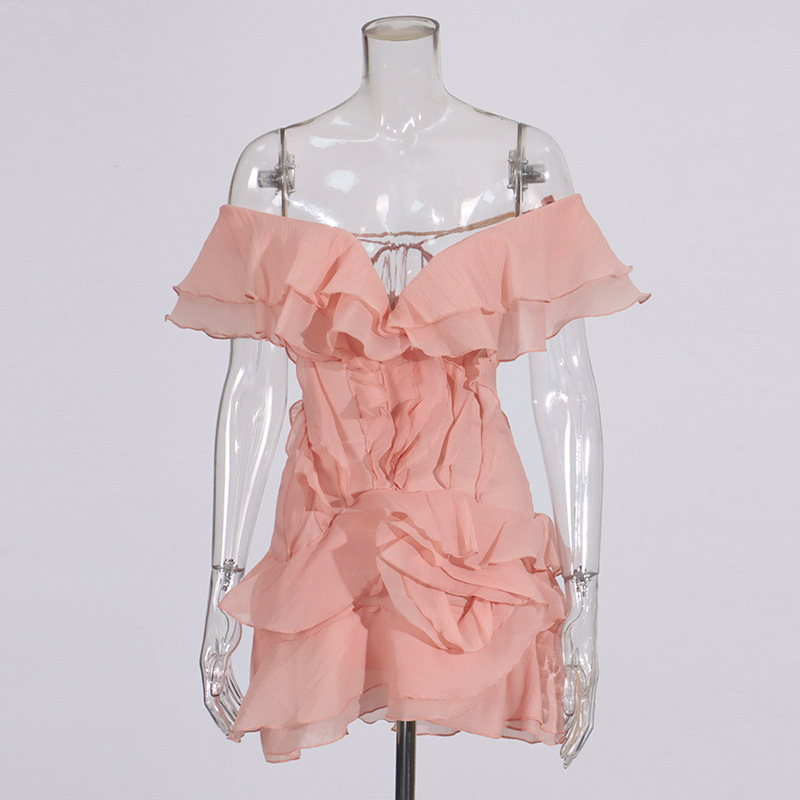 European and American style high-end temperament short skirt 2025 new style ruffled one shoulder design cinched waist slimming dress for women European and American style high-end temperament short skirt 2025 new style ruffled one shoulder design cinched waist slimming dress for women